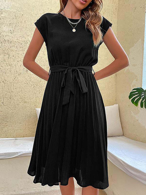 A-Line Loose Pleated Solid Color Tied Waist Round-Neck Midi Dresses Product Image
