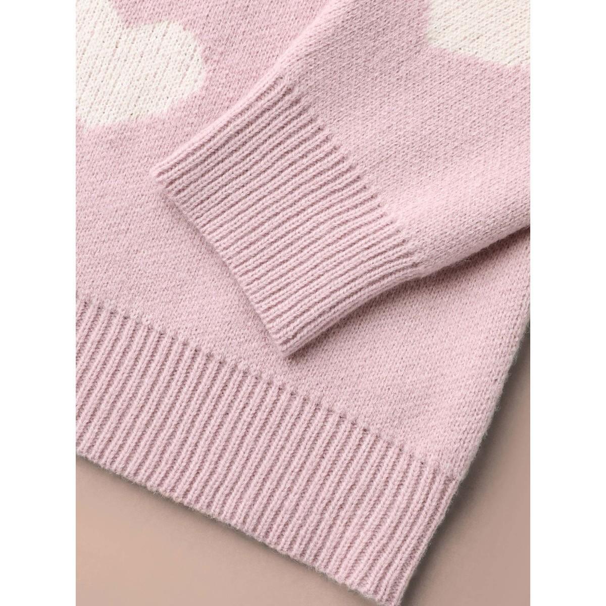 Plus Size Heart Jacquard Contrast Ribbed Hem Pullover Lightpink Women Casual Loose Long Sleeve Round Neck Everyday Pullovers BloomChic 14-16/1X Product Image