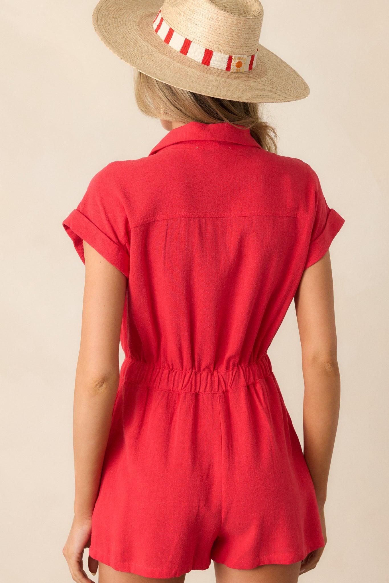 Dazzling Daybreak Red Button Front Romper Product Image