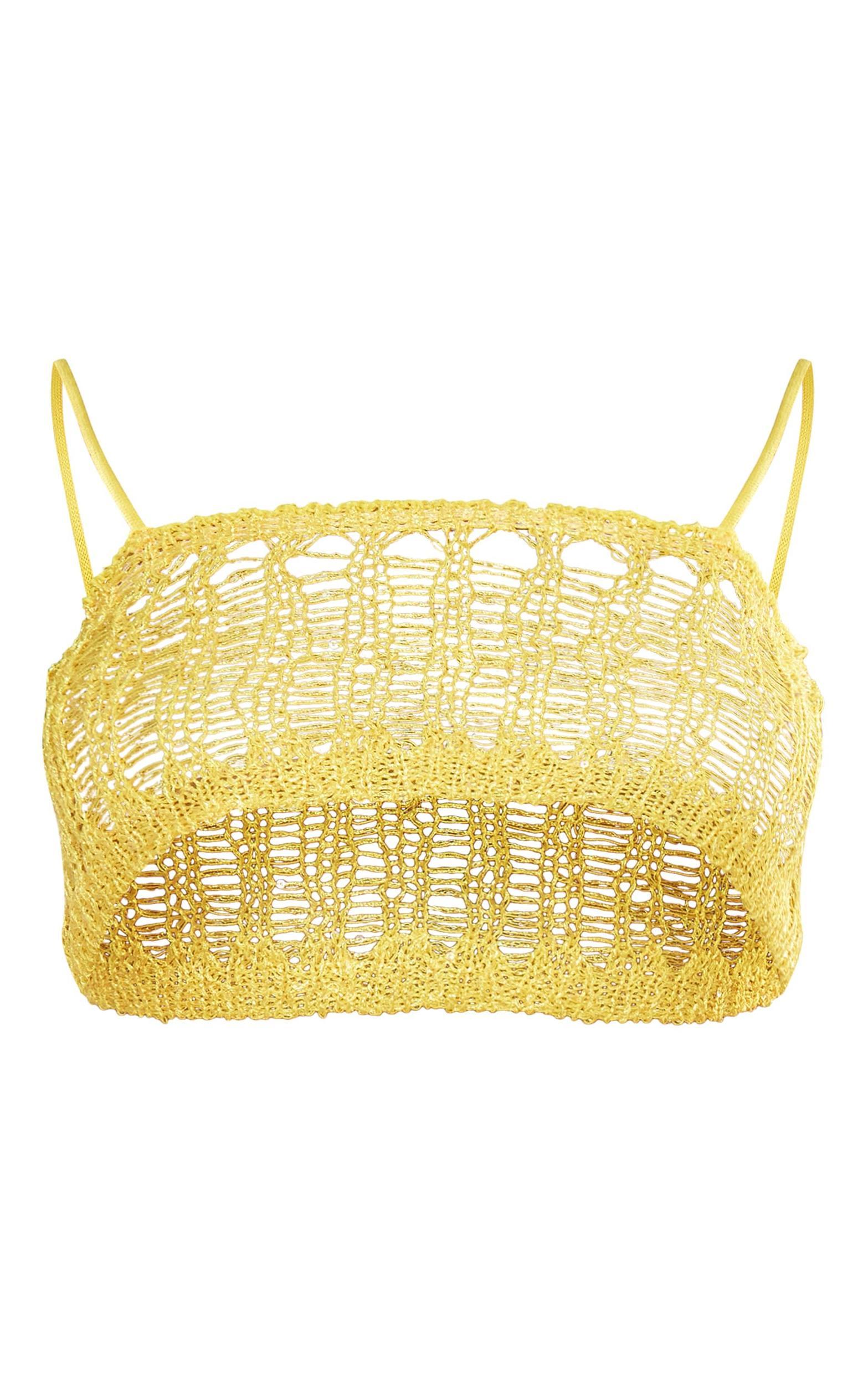Yellow Asymmetric Crochet Sequin Knit Crop Top Product Image