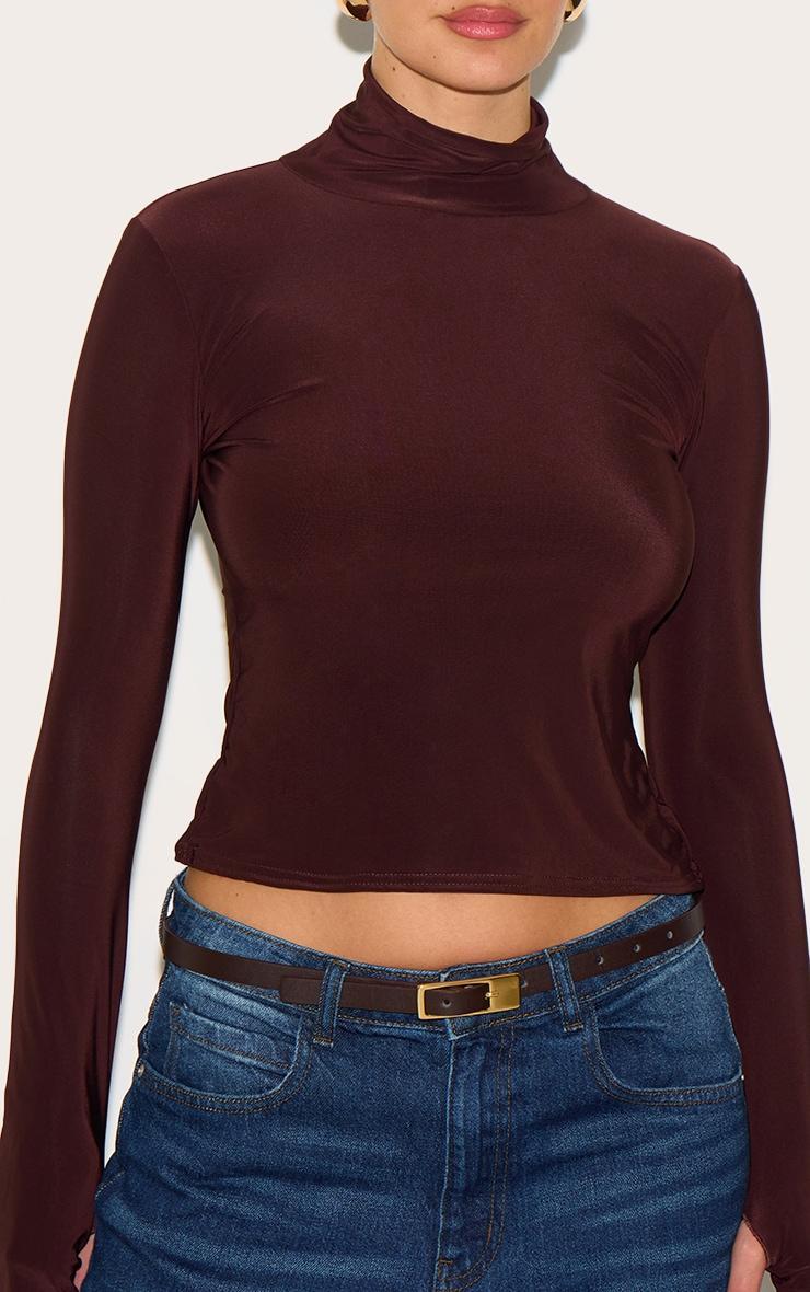 Chocolate Slinky High Neck Thumb Detail Long Sleeve Top Product Image