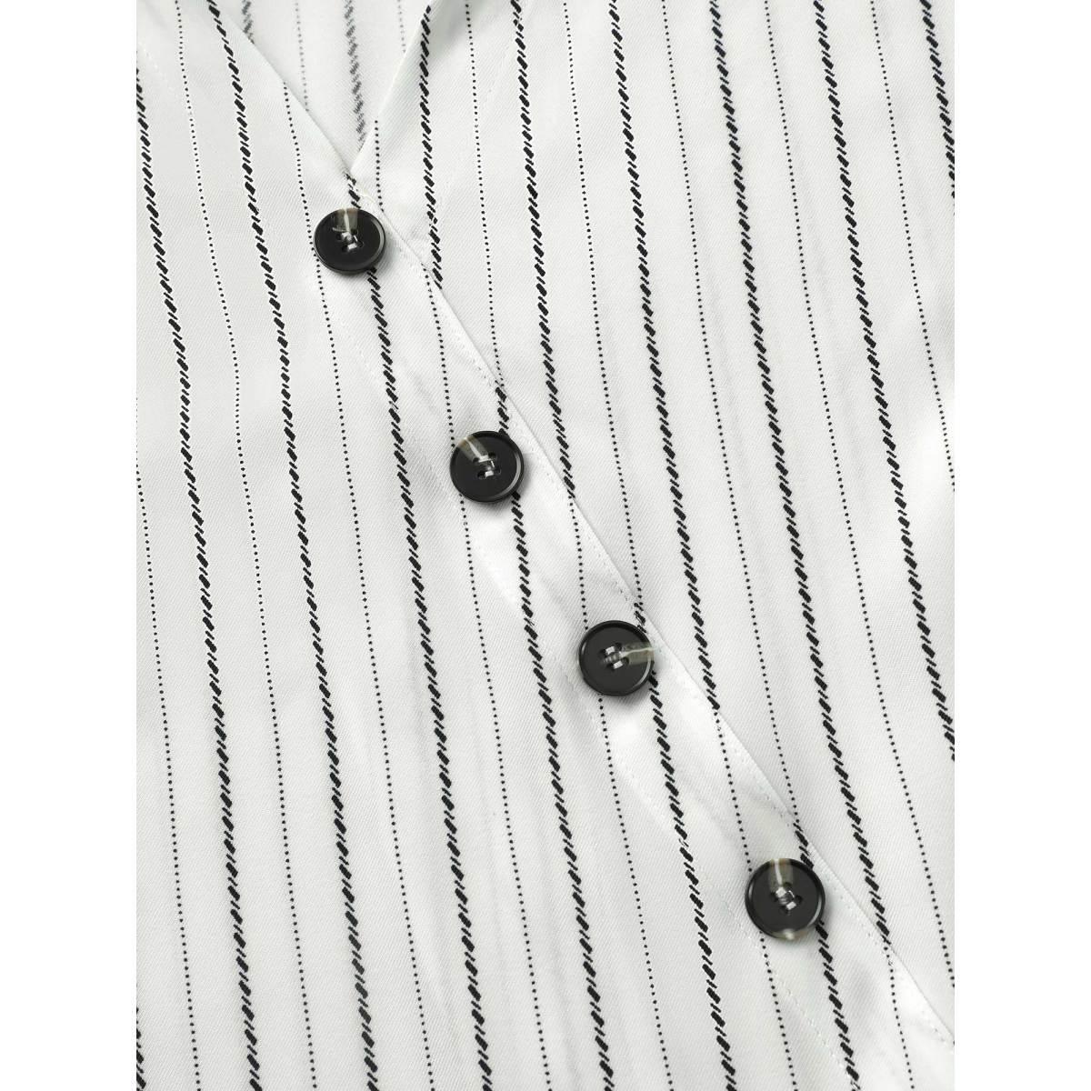 Plus Size White Striped Button Detail Asymmetrical Hem Blouse Women At the Office Elbow-length sleeve Shirt collar Work Blouses BloomChic 28/5X Product Image