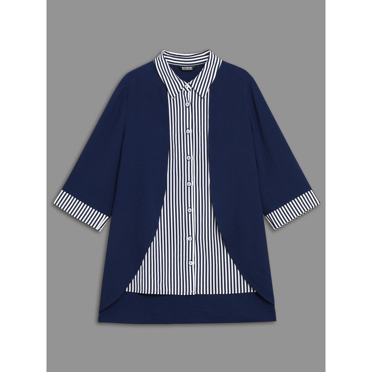 Plus Size Indigo Shirt Collar Patchwork Striped Blouse Women At the Office Extra Long Sleeve Square Neck Work Blouses BloomChic 26/4X Product Image