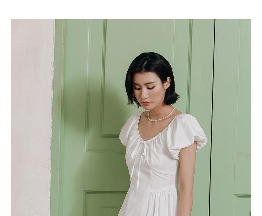 Short-Sleeve V-Neck Plain Midi A-Line Dress Product Image
