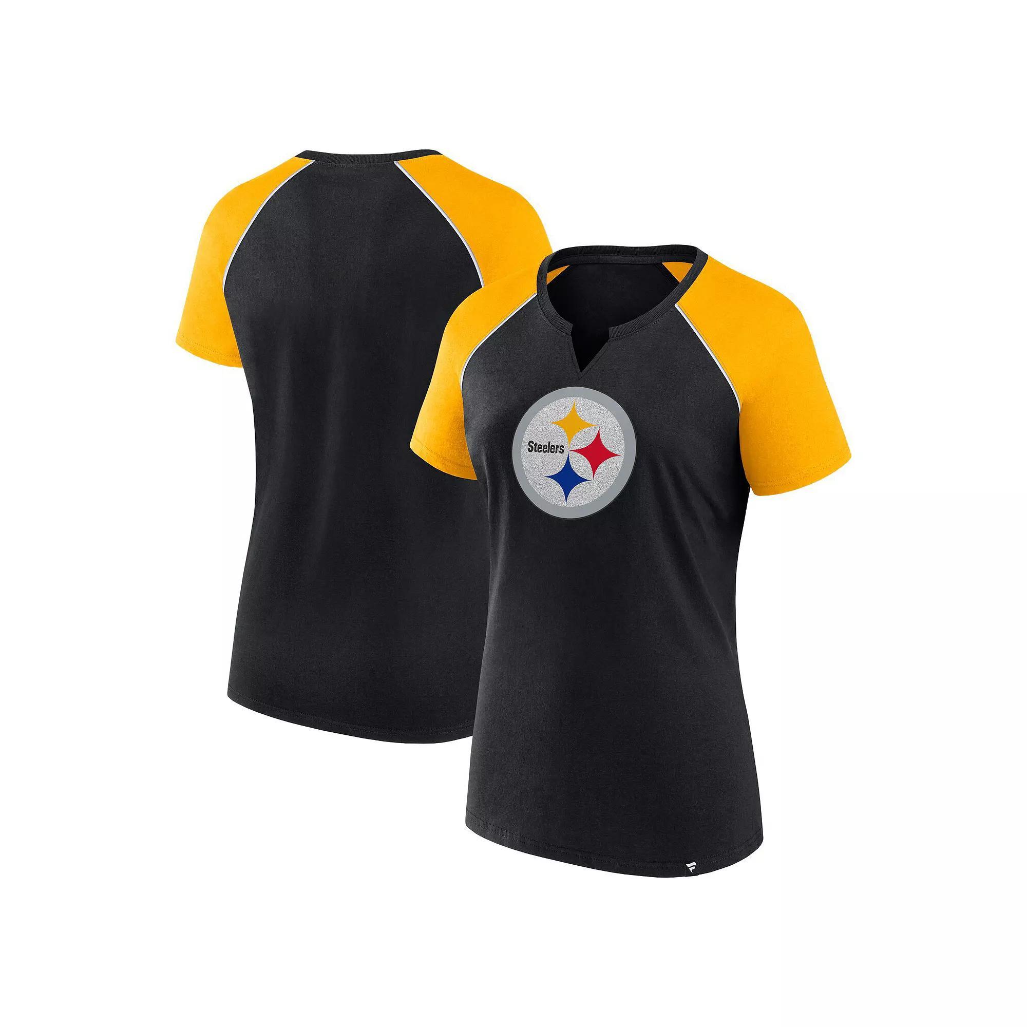 Women's Fanatics Black/Gold Pittsburgh Steelers Glittered Primary Raglan T-Shirt, Size: Medium Product Image