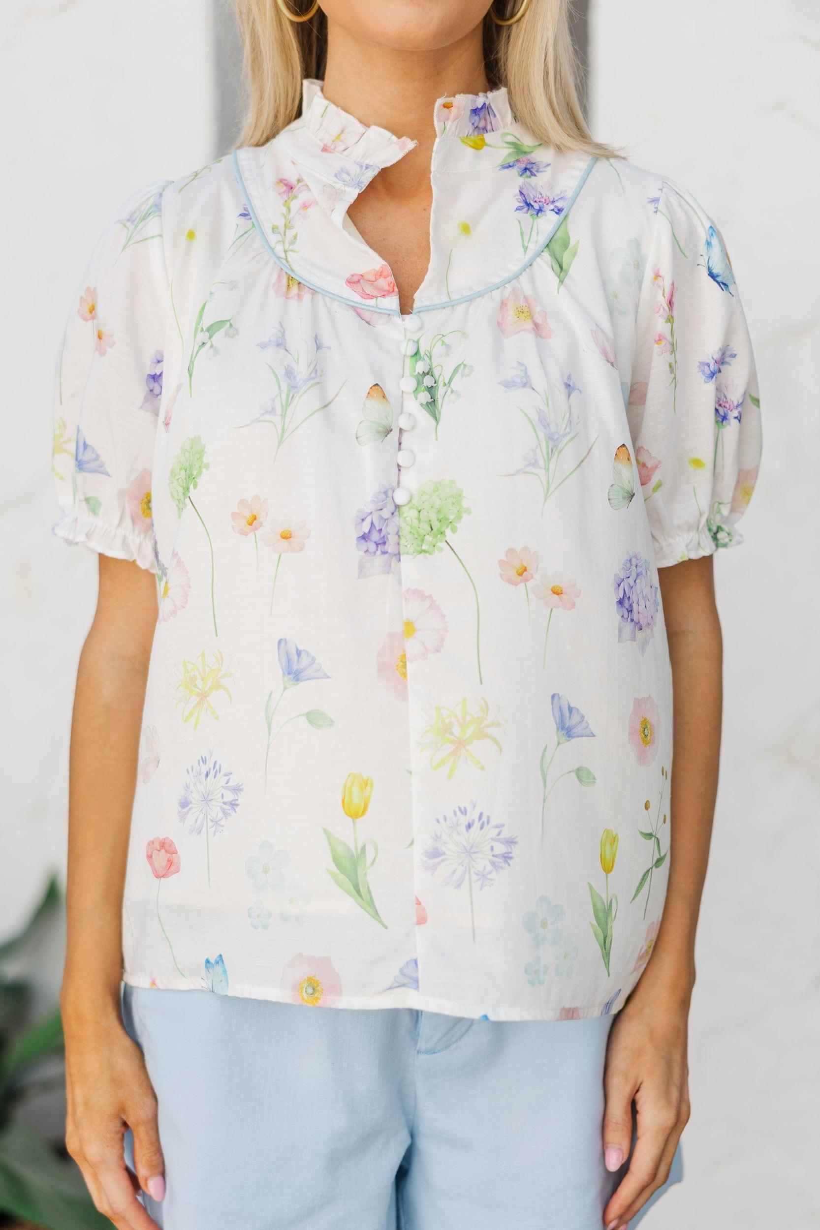 Keep It Up White Floral Ruffled Blouse Female Product Image