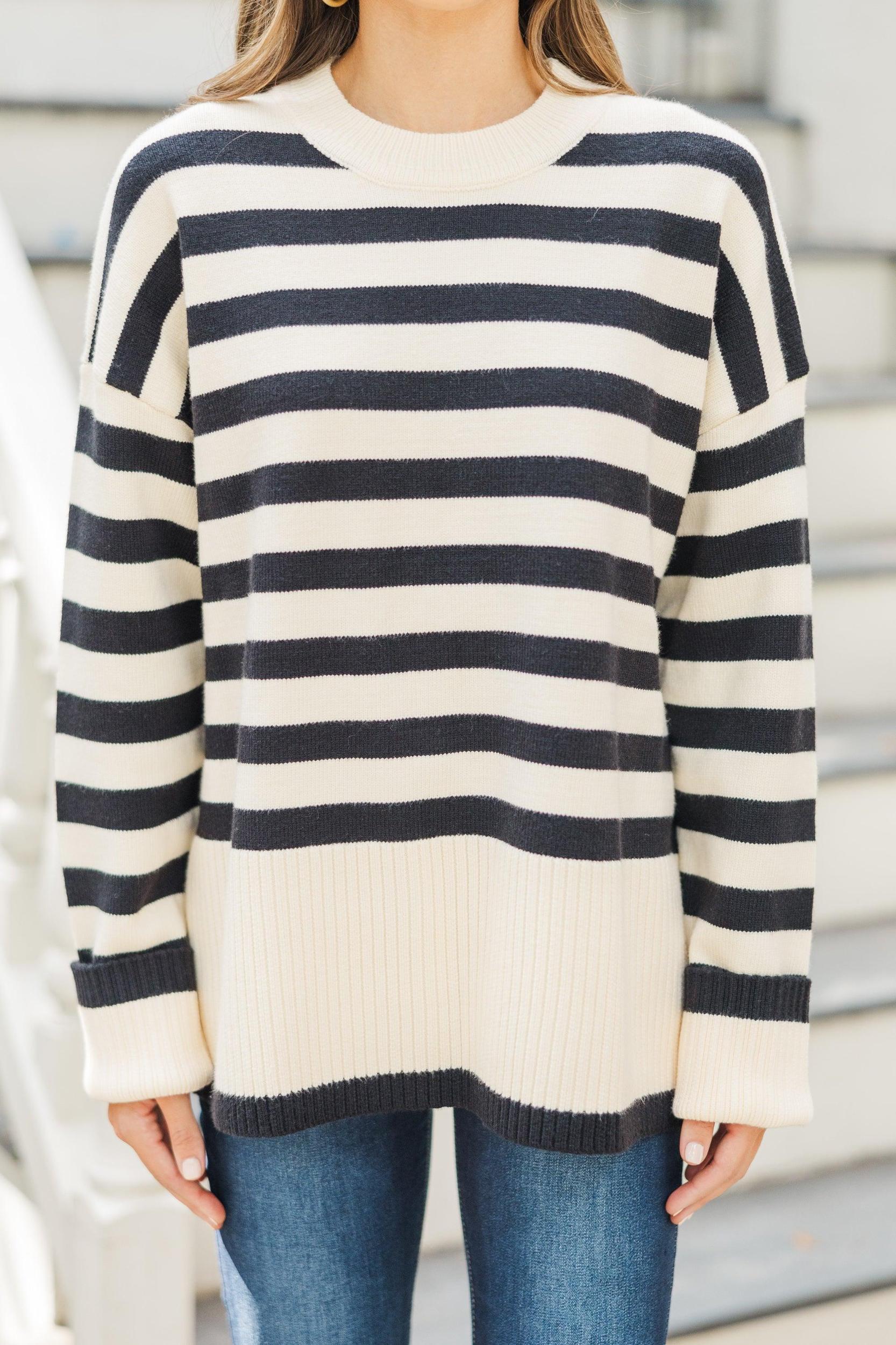 On The Way Up White & Black Striped Sweater Female Product Image