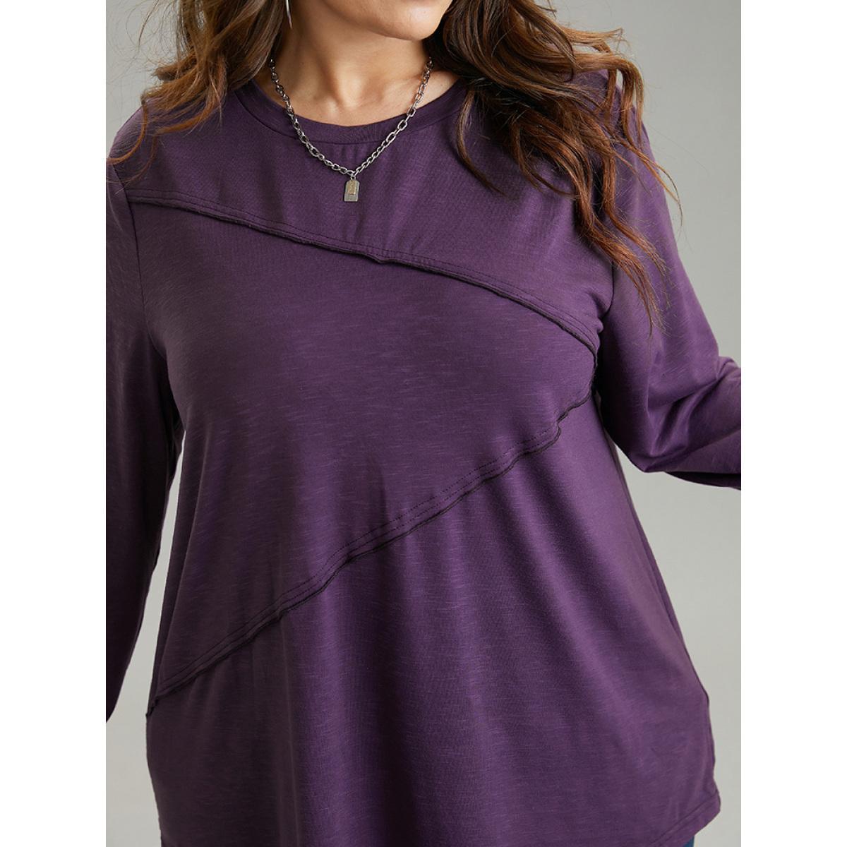 Plus Size Solid Pleated Round Neck T-shirt Purple Women Casual Plain Plain Round Neck Dailywear T-shirts BloomChic 18-20/2X Product Image