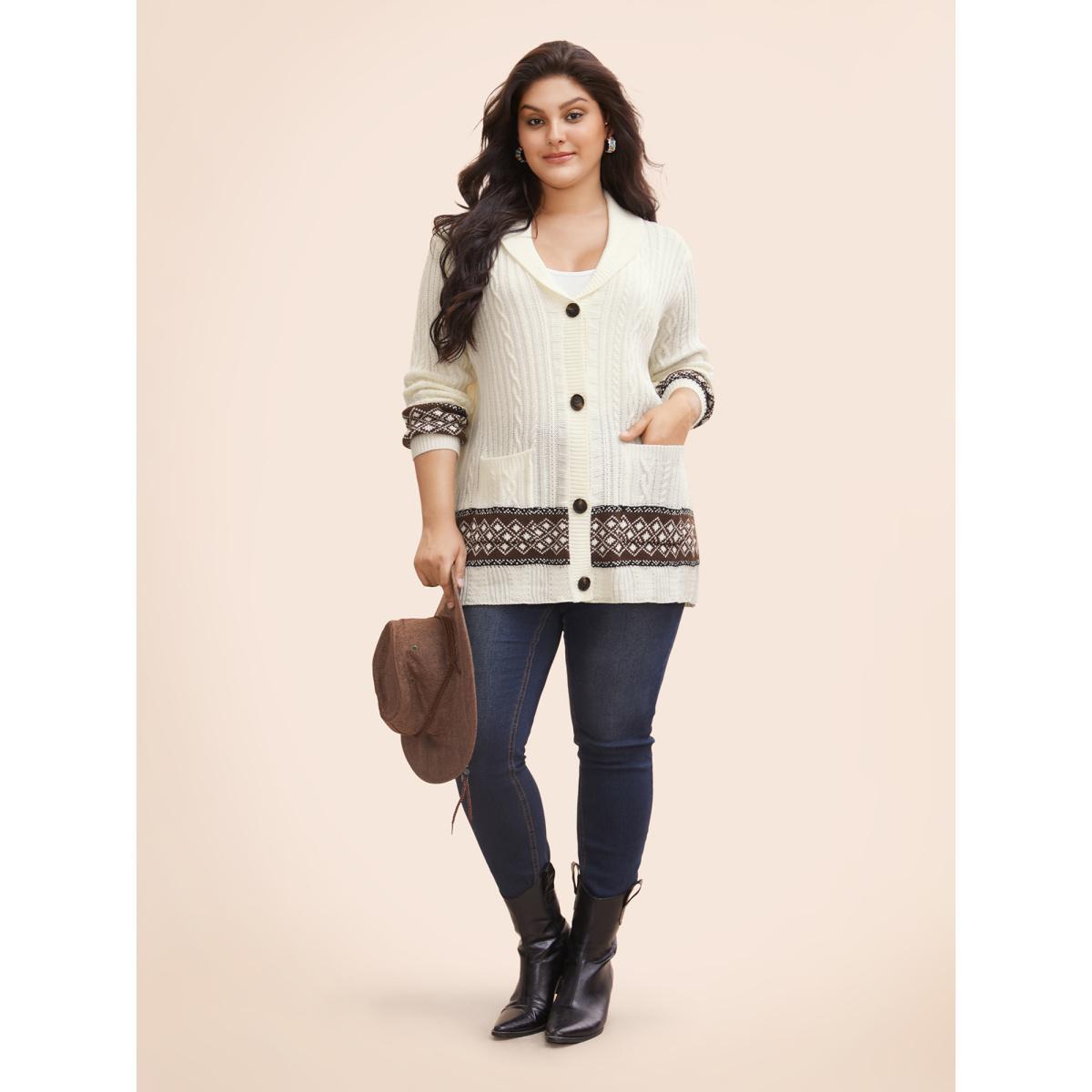 Plus Size Cable Knit Pockets Collared Cardigan Ivory Women Casual Loose Long Sleeve Everyday Cardigans BloomChic 14-16/1X Product Image