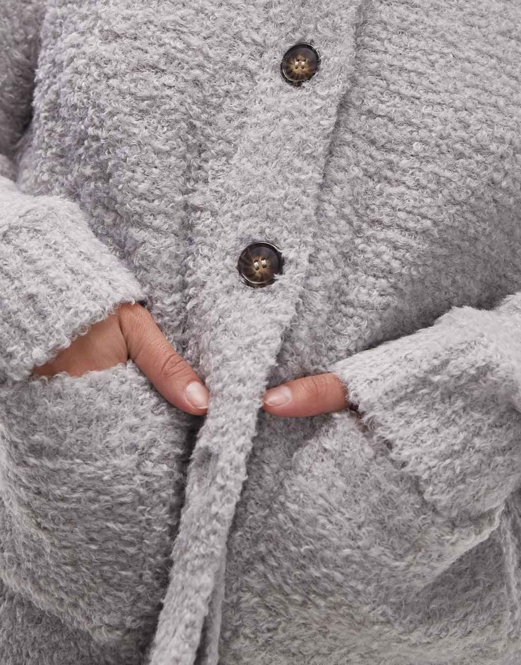 Topshop knit crew neck teddy cardigan with pockets in gray Product Image