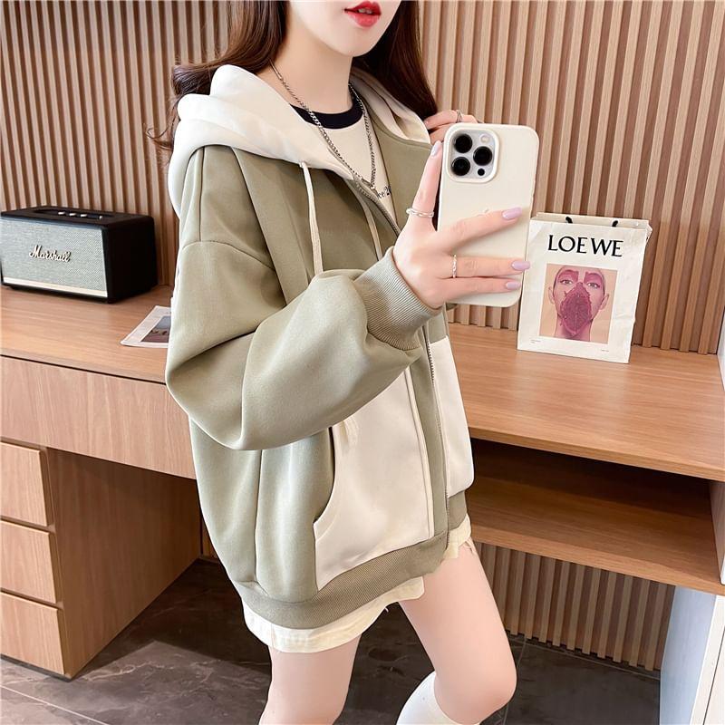 Two Tone Lettering Embroidered Zip-Up Hoodie Product Image