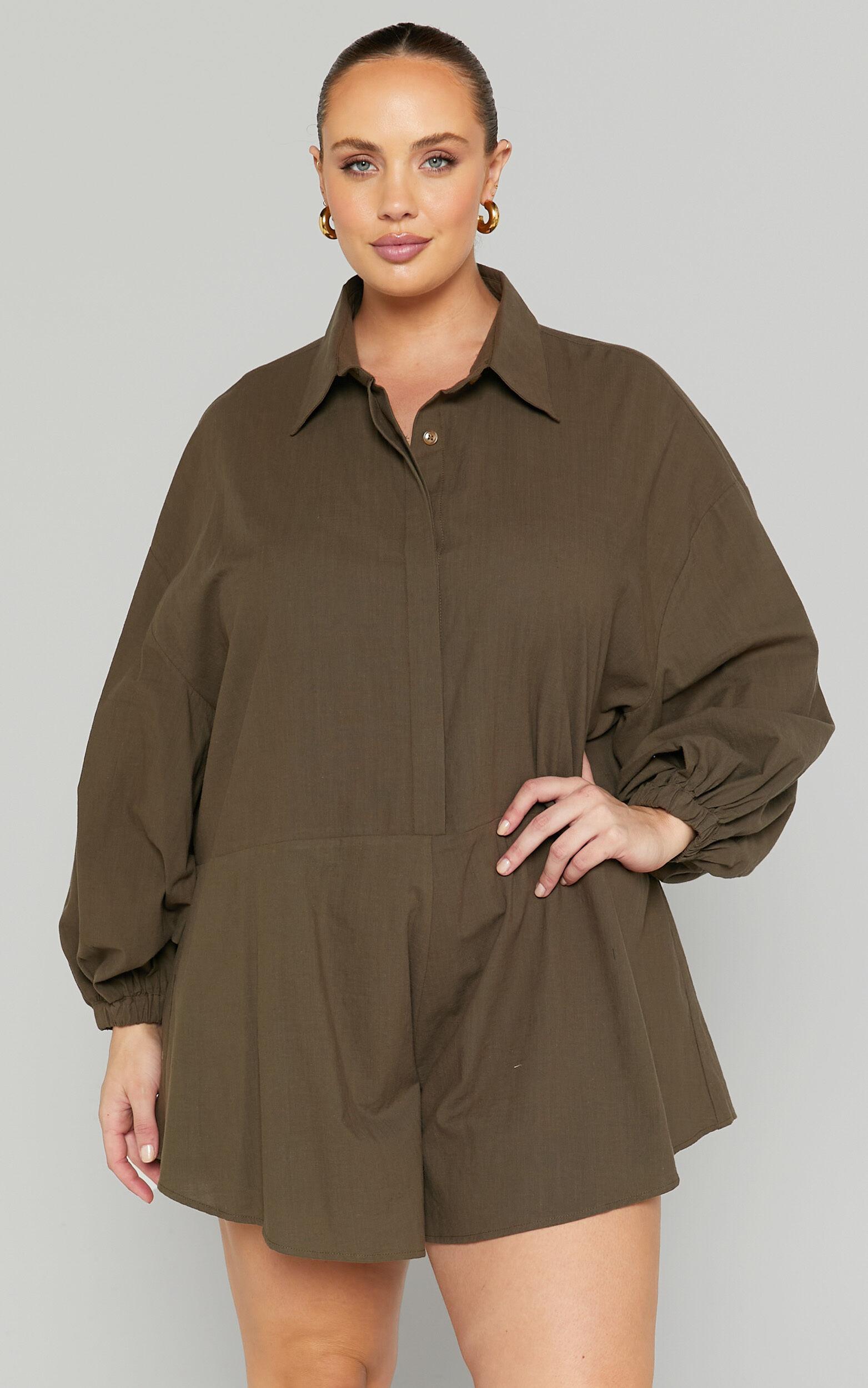 Anka Playsuit - Relaxed Button Front Shirt Playsuit in Khaki Product Image