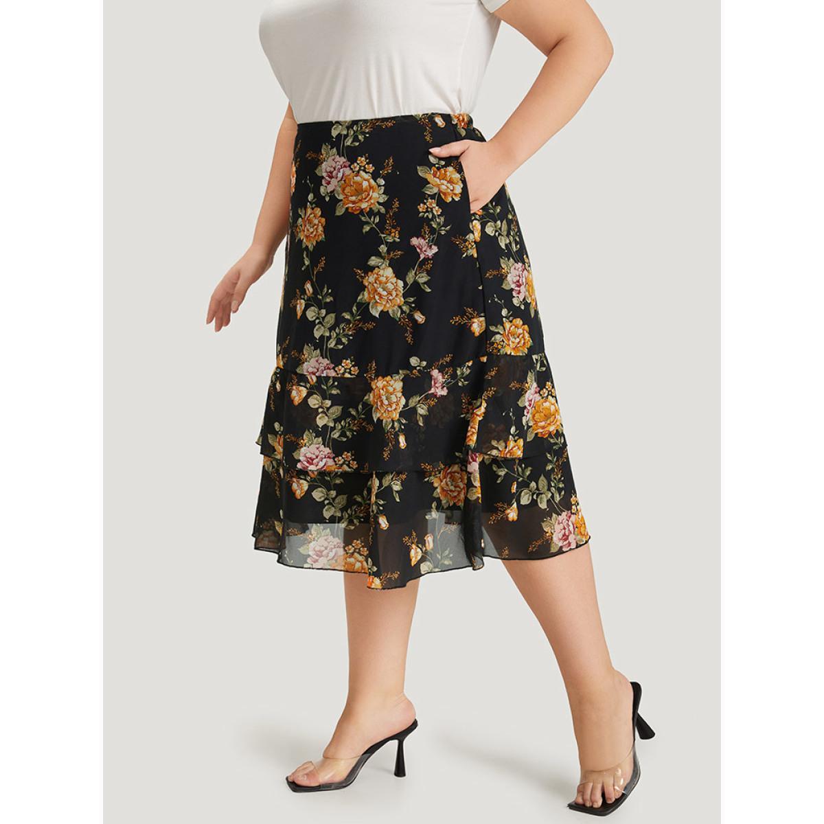 Plus Size Floral Printed Flutter Layered Skirt Women Black Elegant See through No stretch Pocket Dailywear Skirts BloomChic 28/5X Product Image