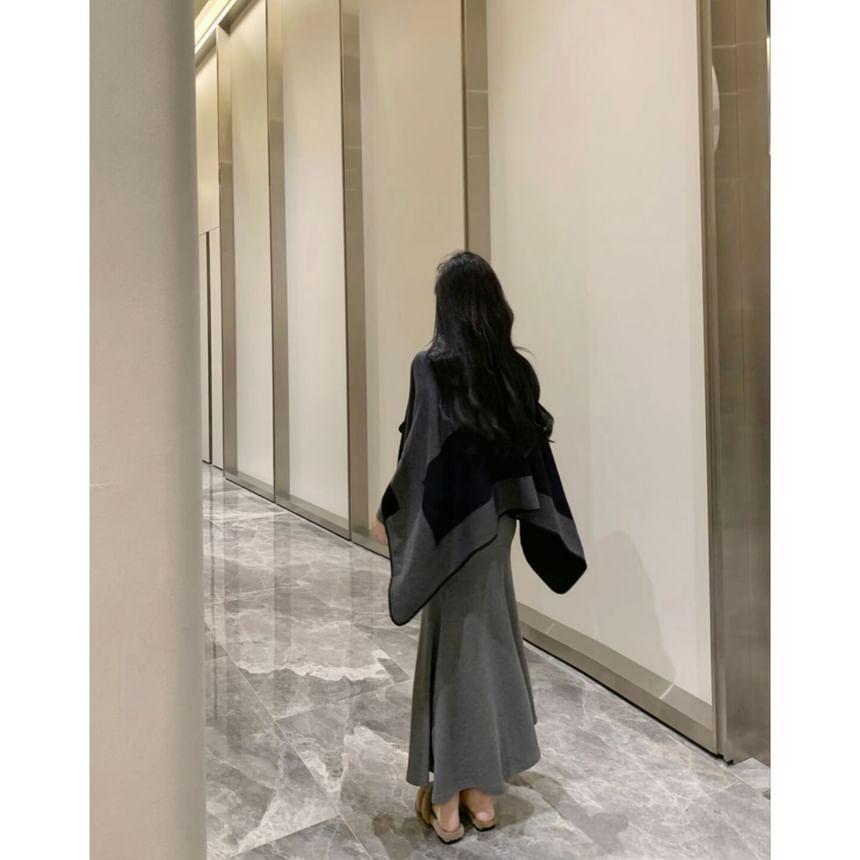 Two Tone Open Front Coat / Long-Sleeve Scoop Neck Plain Ruffle Trim Maxi Mermaid Dress Product Image