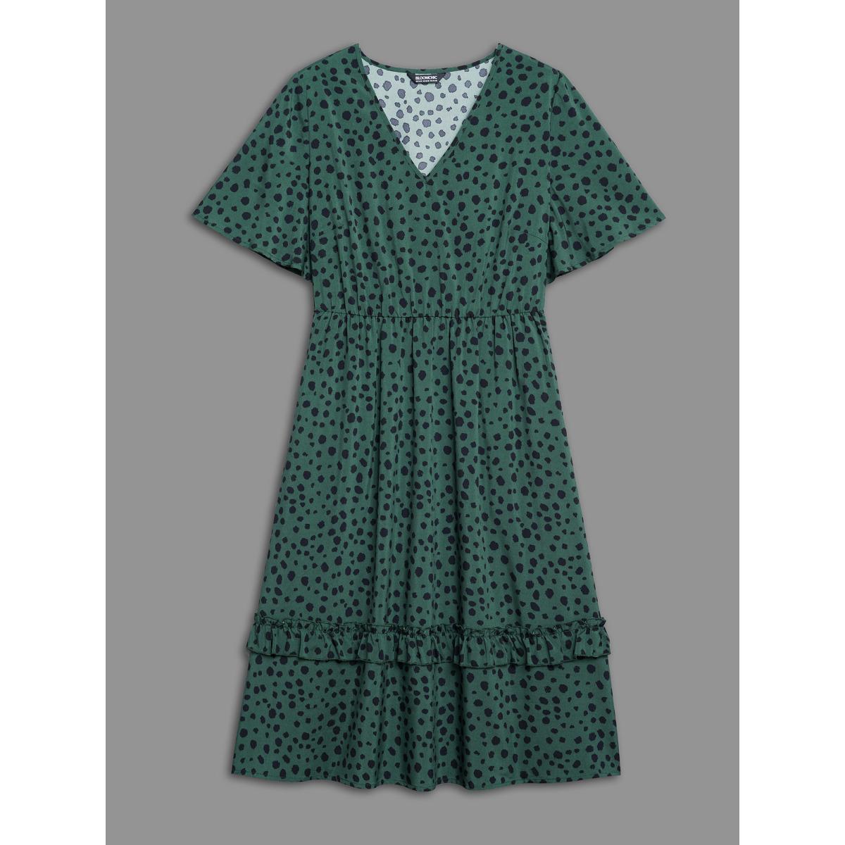 Plus Size Paint-Splatter Waist-Cinched Tiered Midi Dress Truegreen Women Elegant Frill Trim V-neck Short sleeve Curvy BloomChic 14-16/1X Product Image