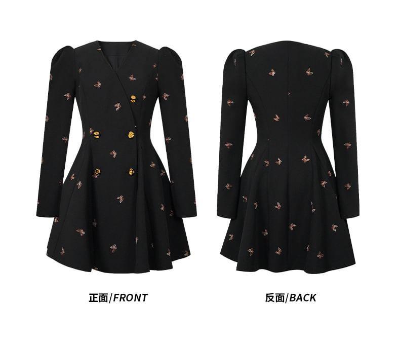 Long-Sleeve V-Neck Butterfly Embroidered Mini A-Line Dress Product Image