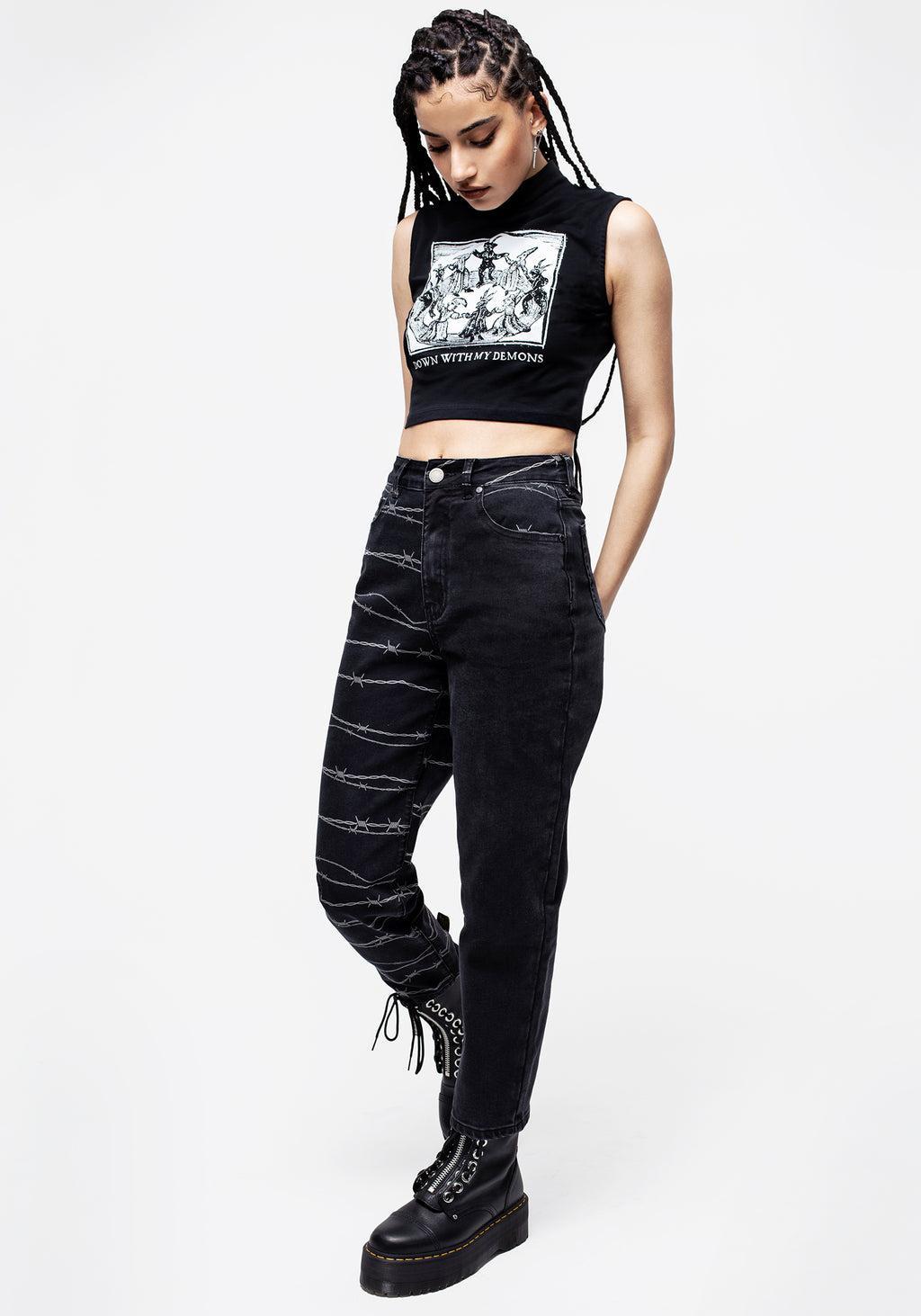 Barbed Wire Spliced Mom Jeans Product Image