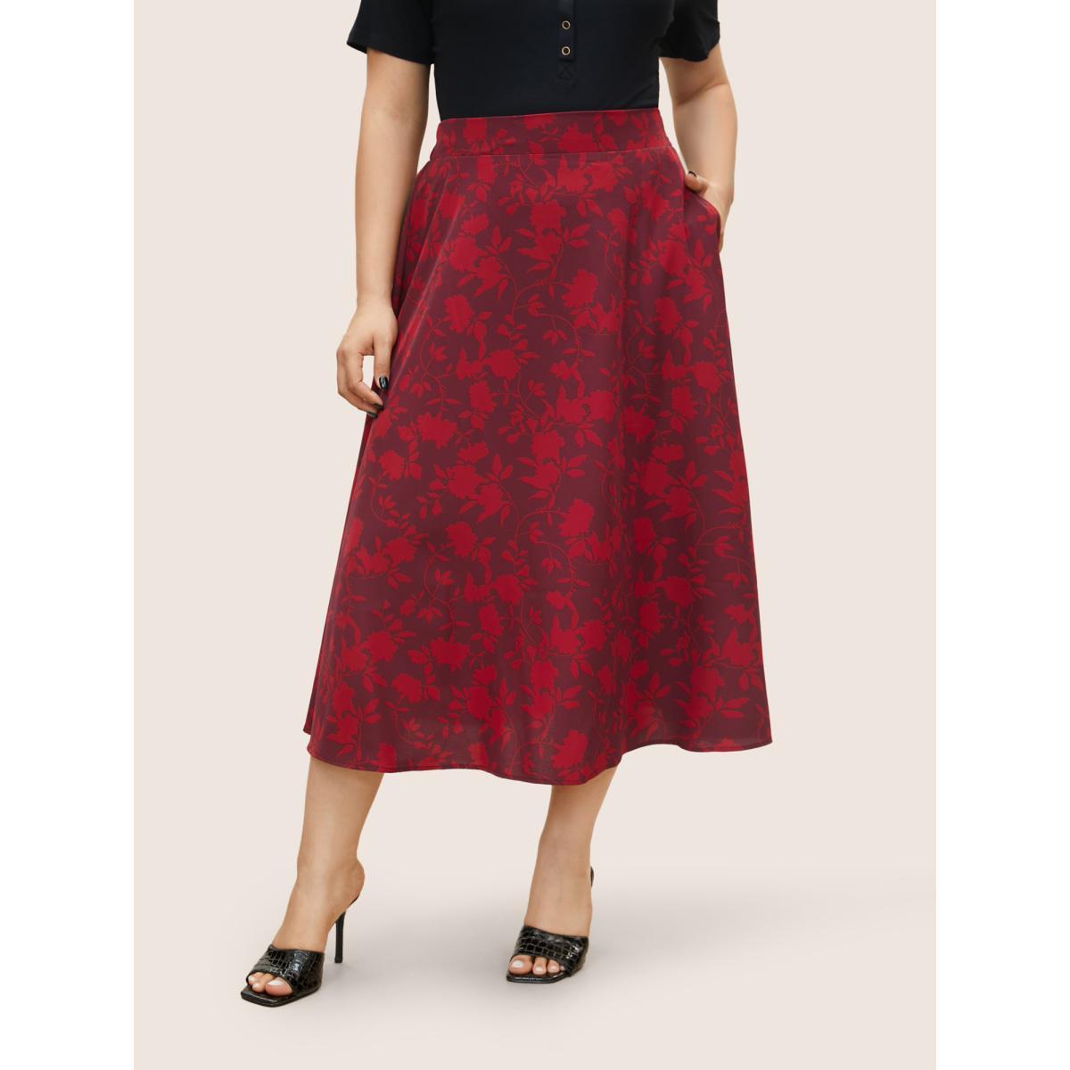 Plus Size Silhouette Floral Print Elastic Waist Pocket Cropped Skirt Women Burgundy Elegant Non No stretch Slanted pocket Everyday Skirts BloomChic 12/L Product Image