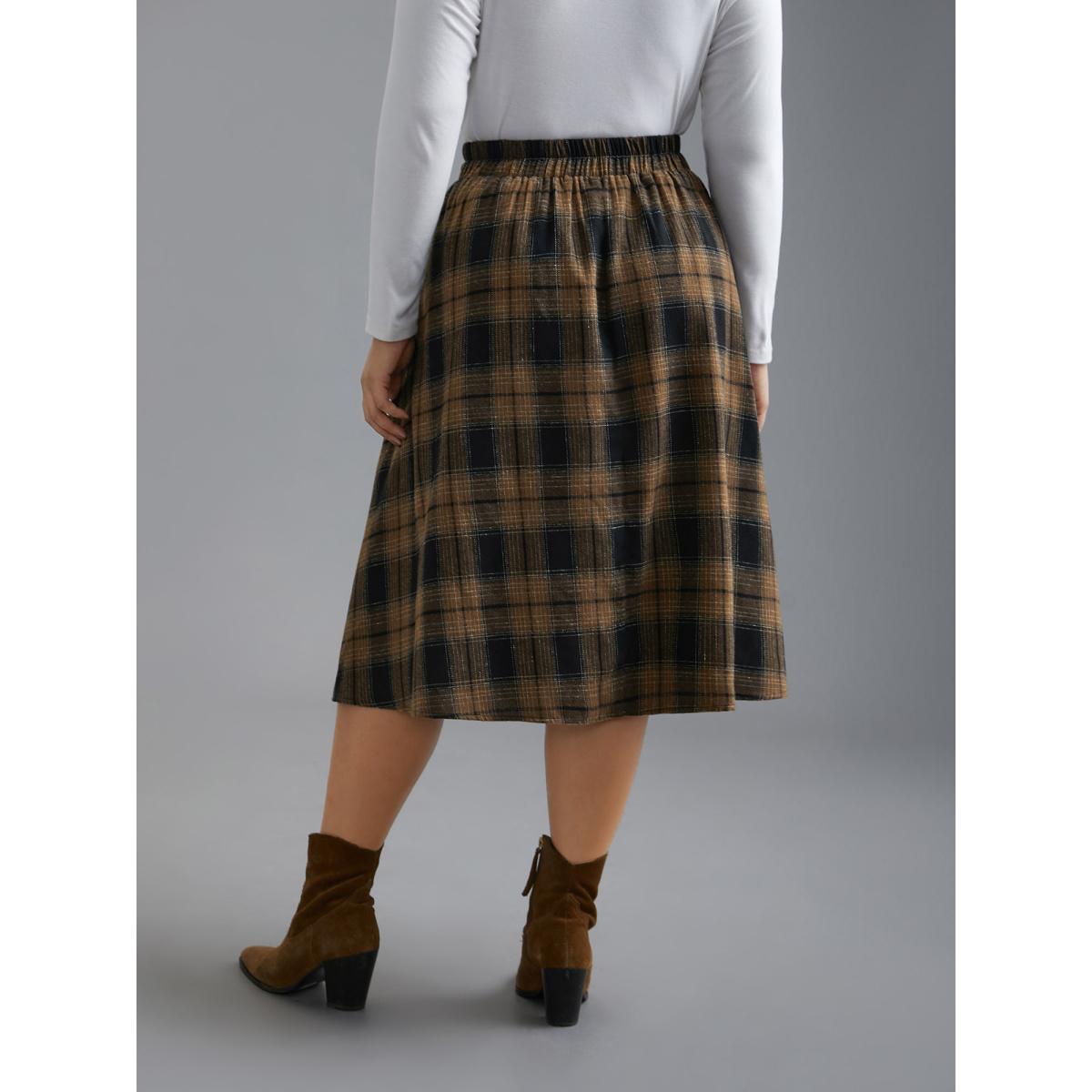 Plus Size Plaid Elastic Waist Slant Pocket Skirt Women Yellowishbrown Elegant No stretch Slanted pocket Everyday Skirts BloomChic 14-16/1X Product Image