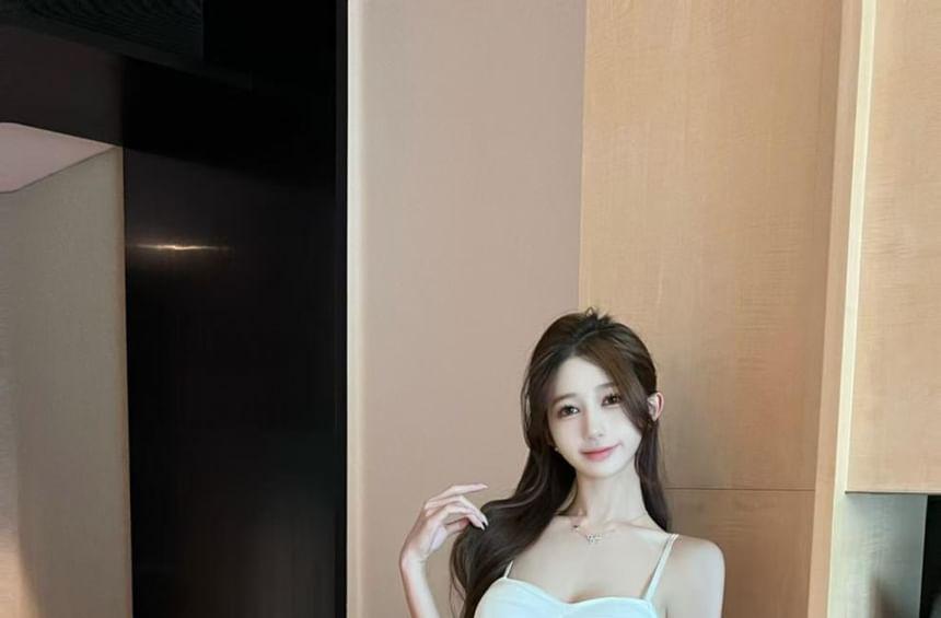 Spaghetti Strap Plain Ruched Mini Bodycon Dress Product Image