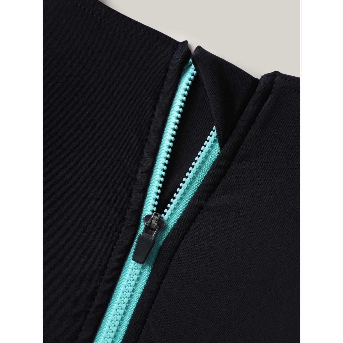 Plus Size Color Block Zipper Front One-Piece Swimsuit Women's Swimwear Black Beach Gathered Curve Bathing Suits High stretch One Pieces BloomChic 30/6X Product Image