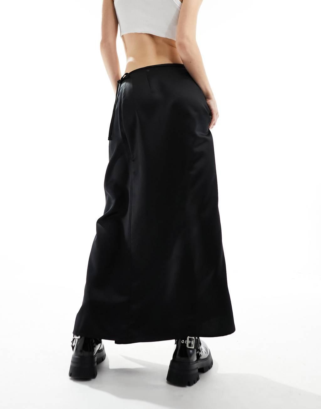 COLLUSION satin wrap slip skirt with tie waist in black Product Image