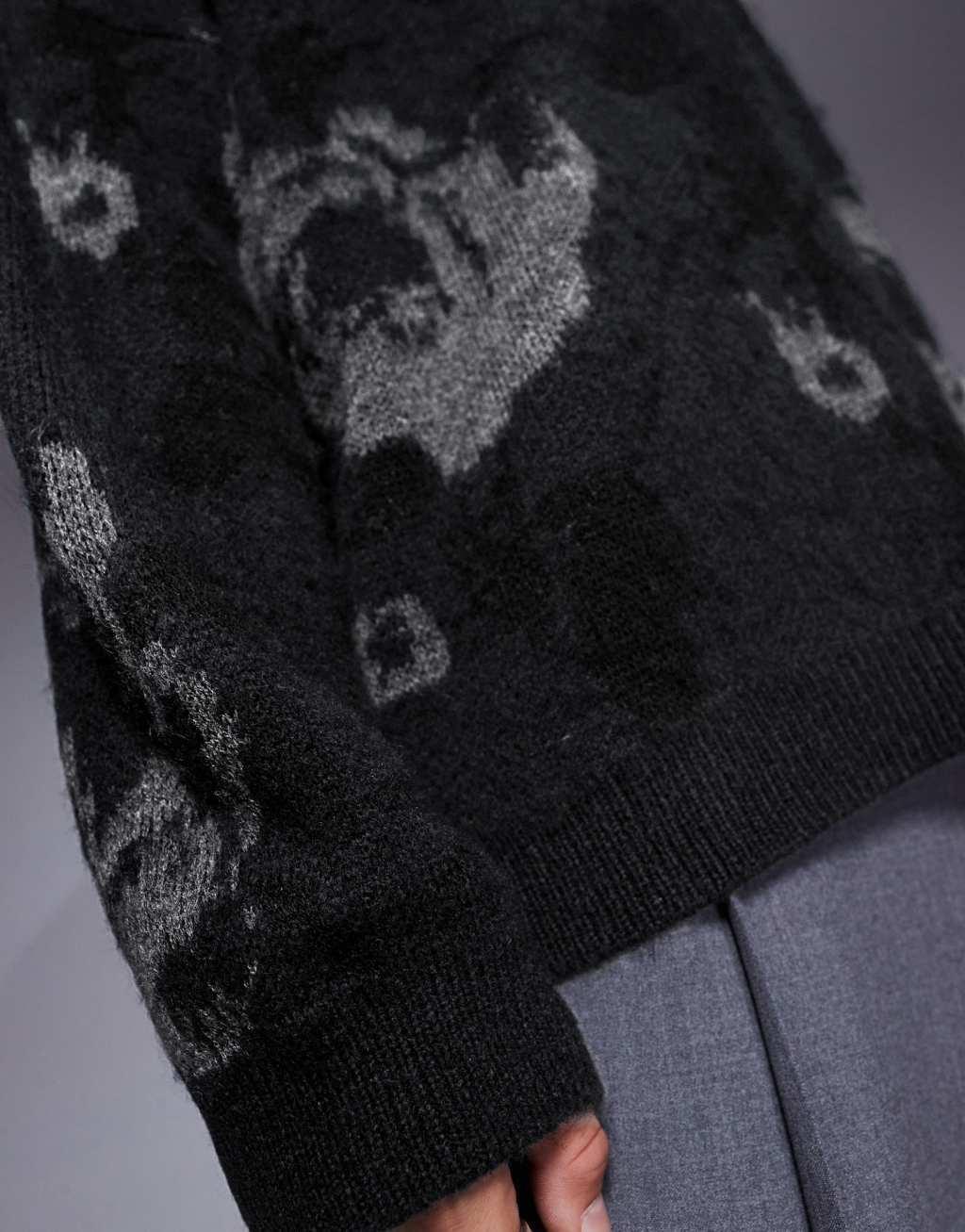 ASOS DESIGN super oversized boxy fit brushed knit crew neck sweater with floral pattern in black Product Image