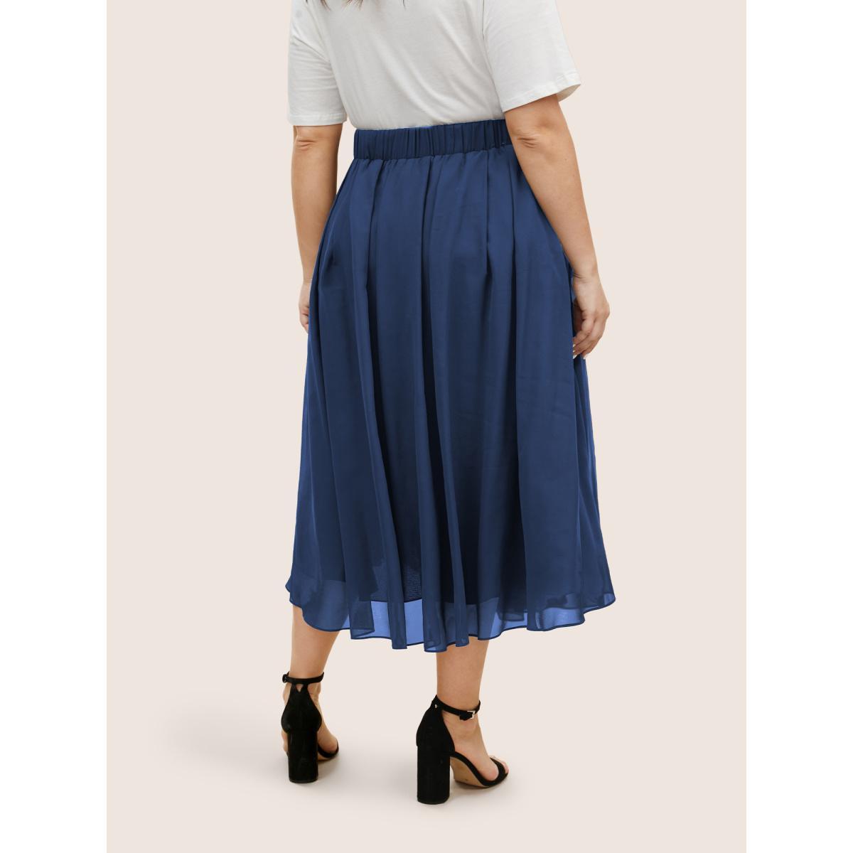 Plus Size Chiffon Solid See Through Tiered Skirt Women Navy Elegant See through No stretch Side seam pocket Everyday Skirts BloomChic 10/M Product Image