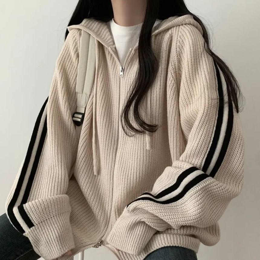 Striped Hooded Oversized Zip Cardigan Product Image