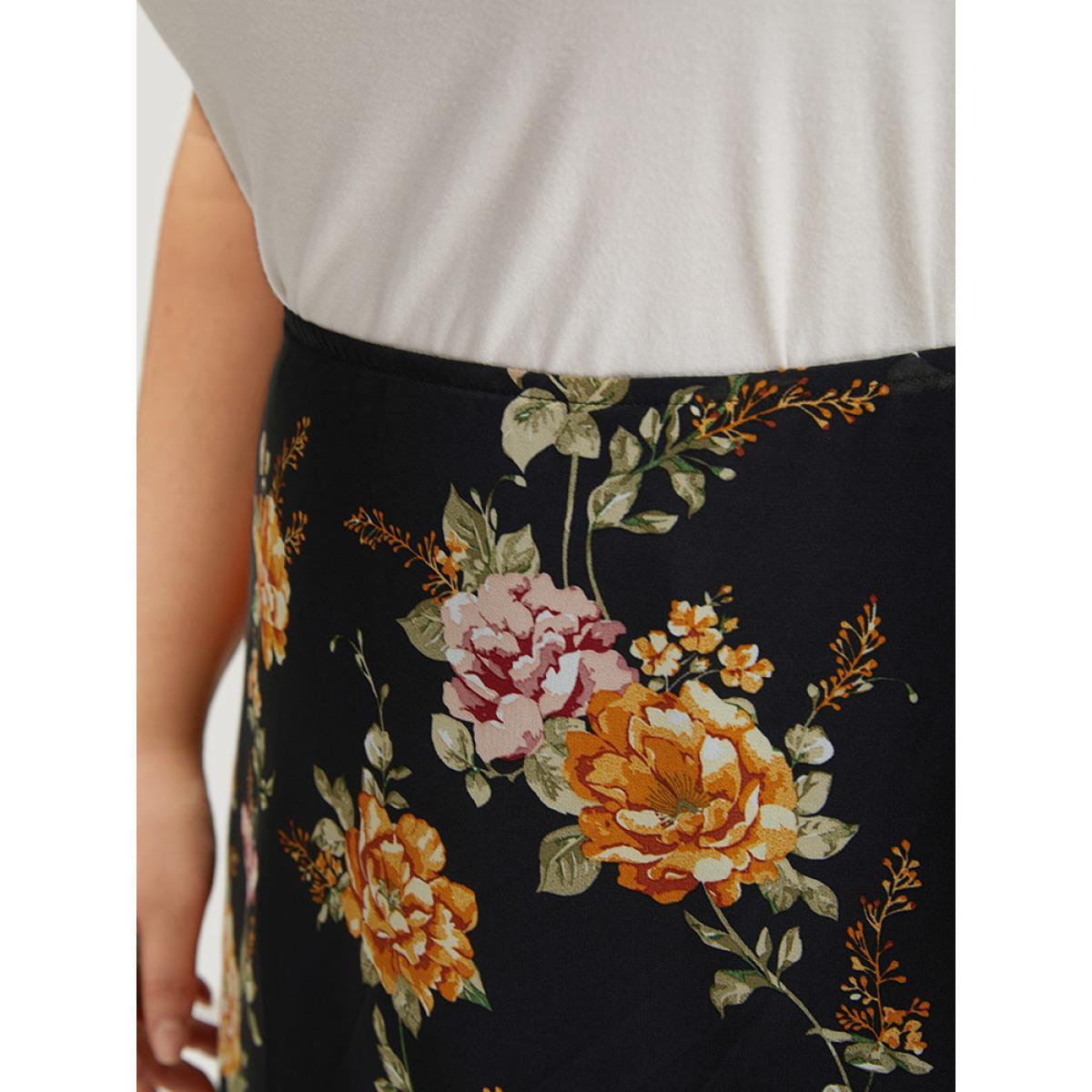 Plus Size Floral Printed Flutter Layered Skirt Women Black Elegant See through No stretch Pocket Dailywear Skirts BloomChic 28/5X Product Image