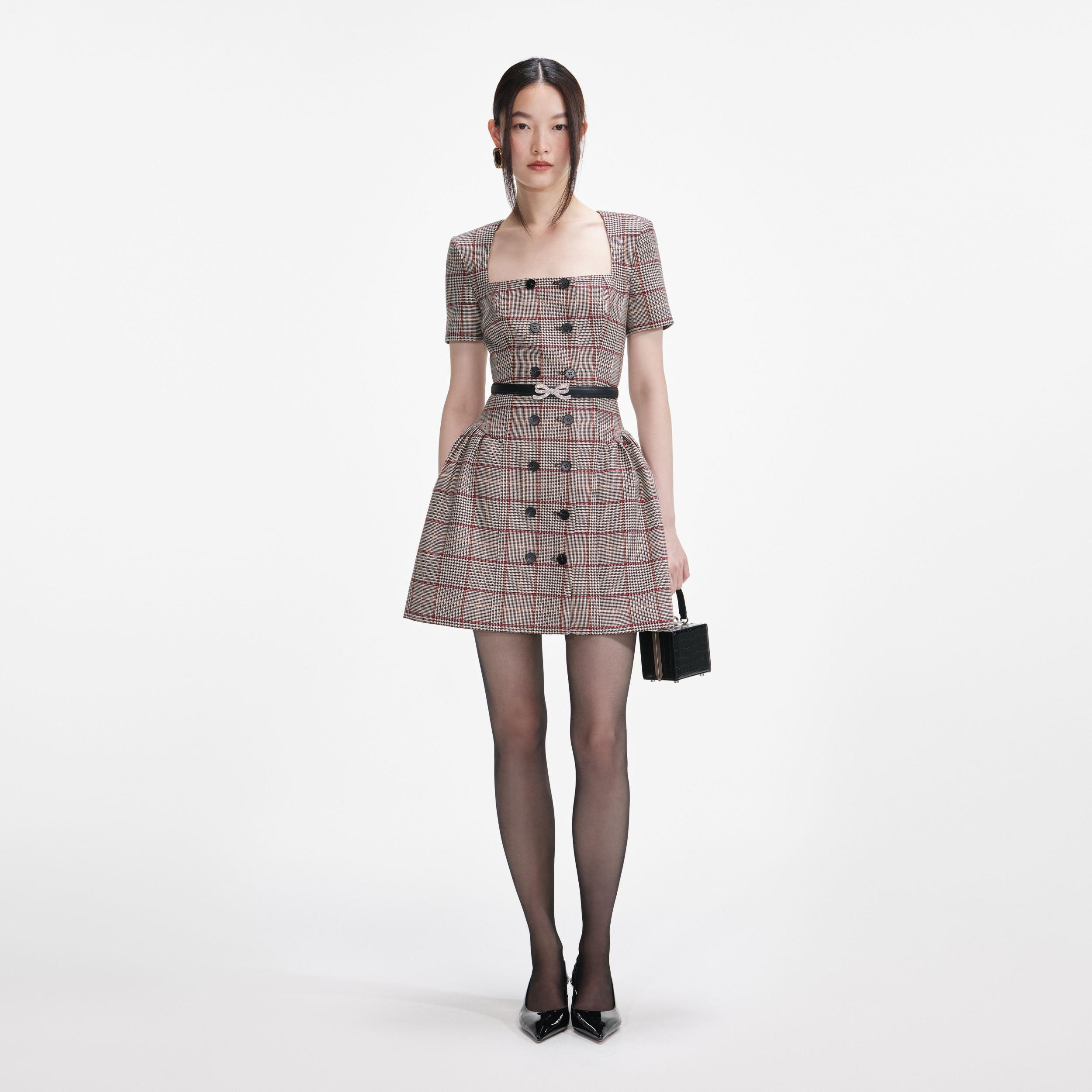 Brown Check Short Sleeve Mini Dress Product Image