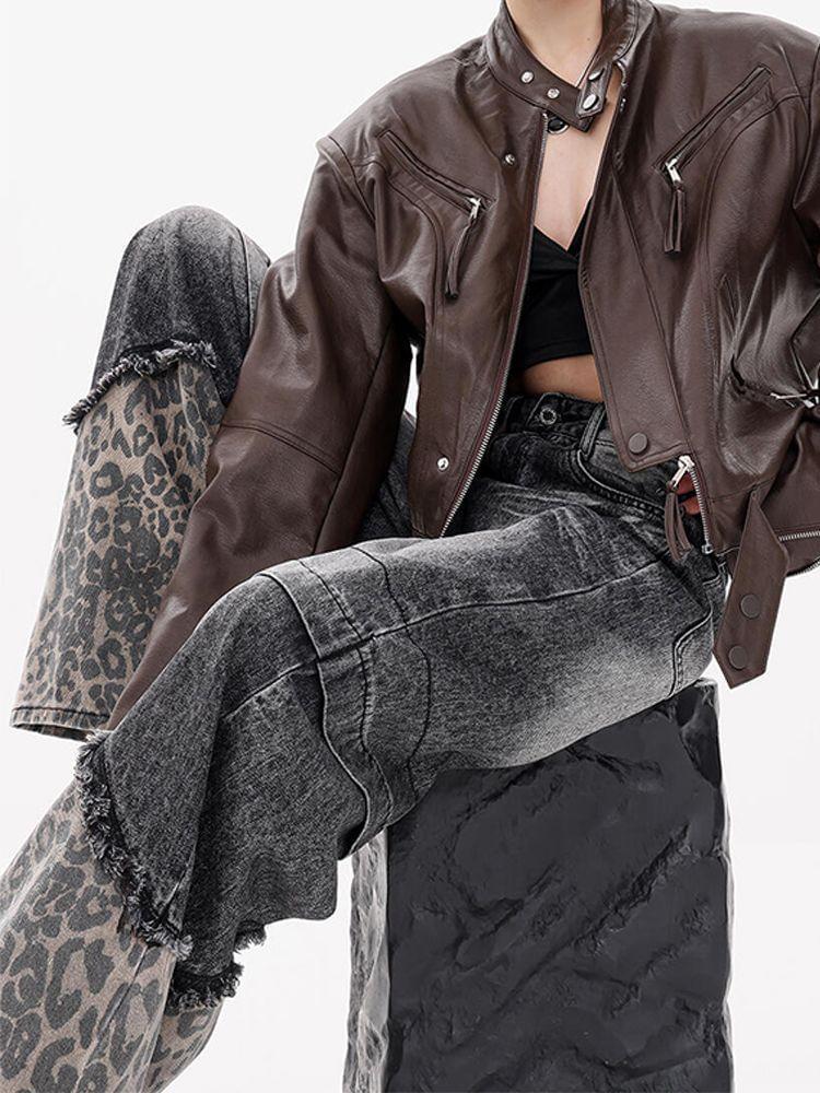 Low Rise Washed Leopard Print Paneled Straight-Fit Wide-Leg Jeans Product Image