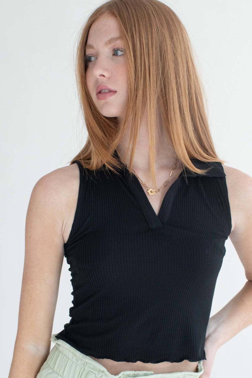 Black Ribbed Sleeveless Polo Product Image