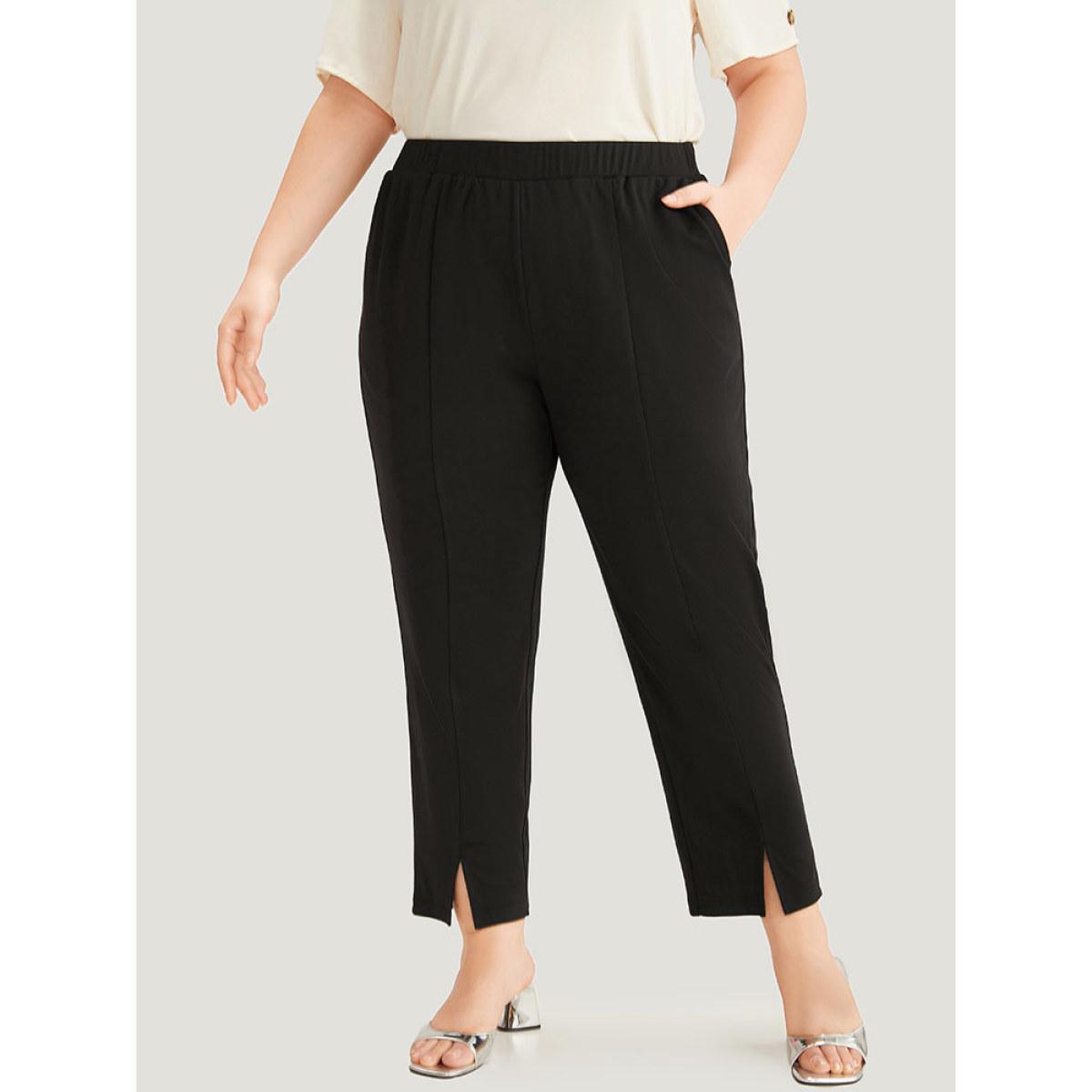 Plus Size Plain Split Hem Pocket Elastic Waist Pants Women Black At the Office High Rise Work Pants BloomChic 18-20/2X Product Image