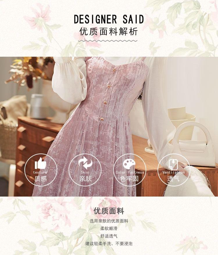 Mock Two-Piece Long-Sleeve Mandarin Collar Floral Velvet Midi A-Line Dress Product Image