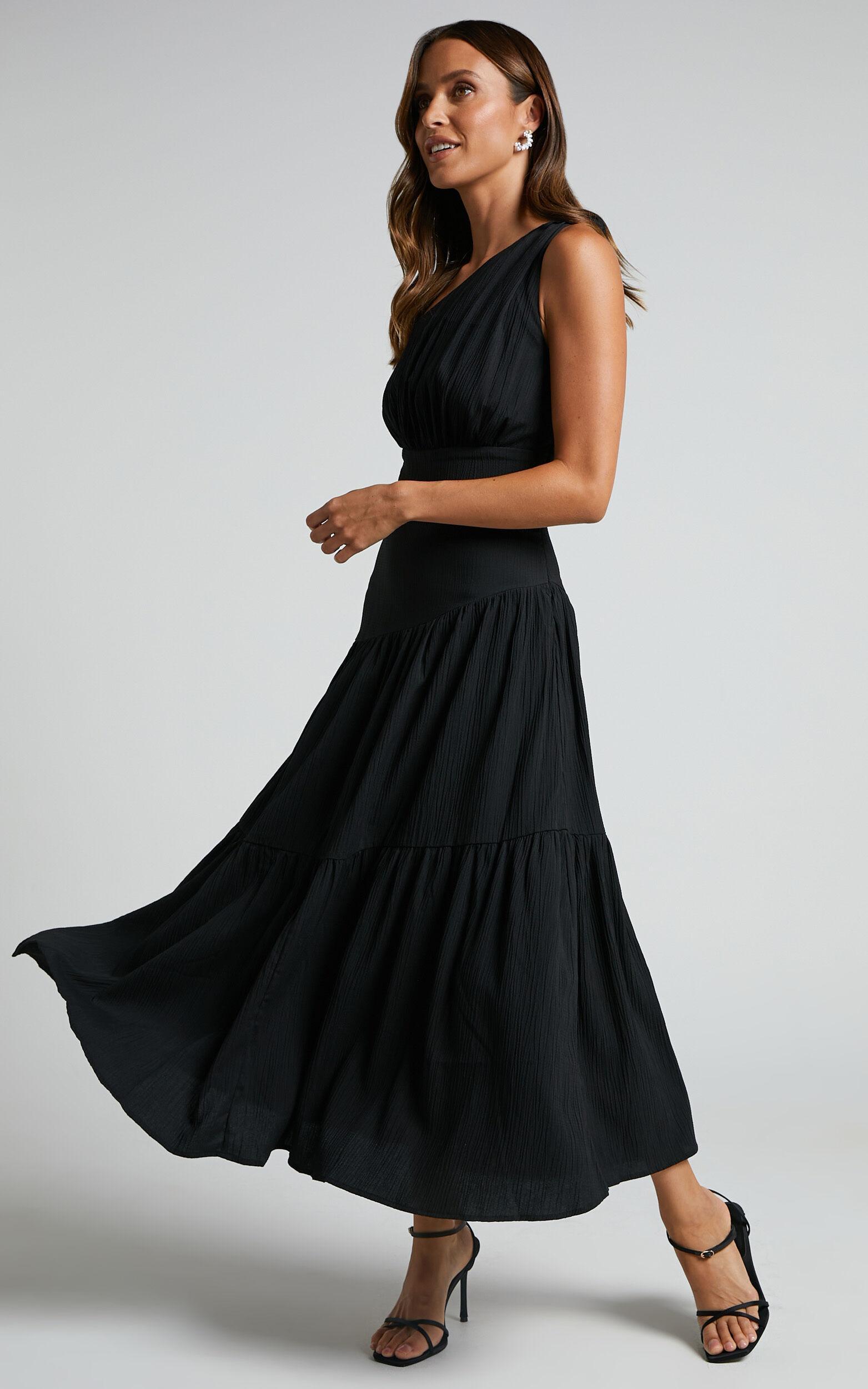 Celestia Midi Dress - Tiered One Shoulder Dress in Black Product Image