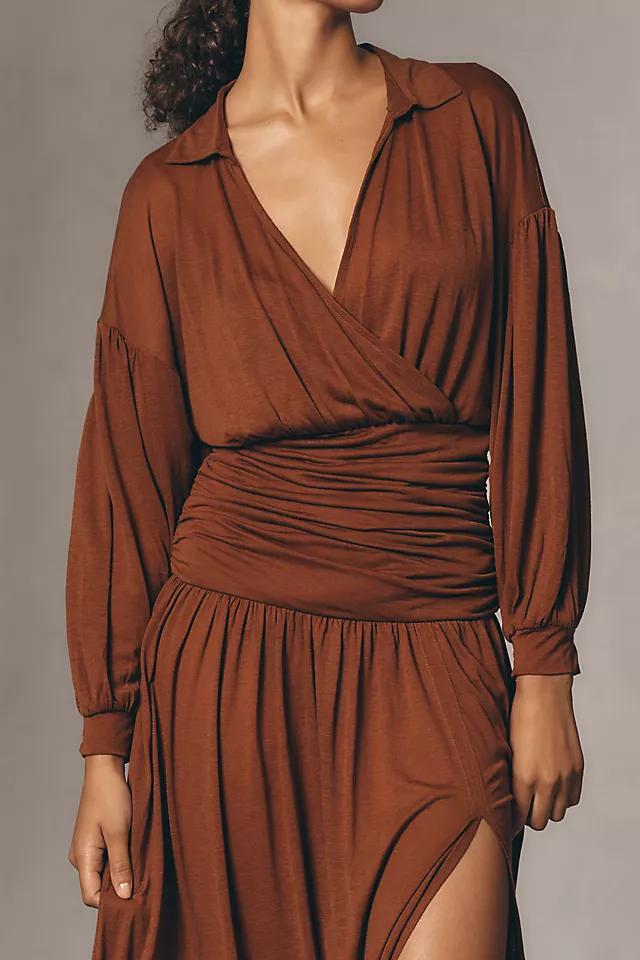 Maeve Long-Sleeve V-Neck Ruched Midi Dress Product Image