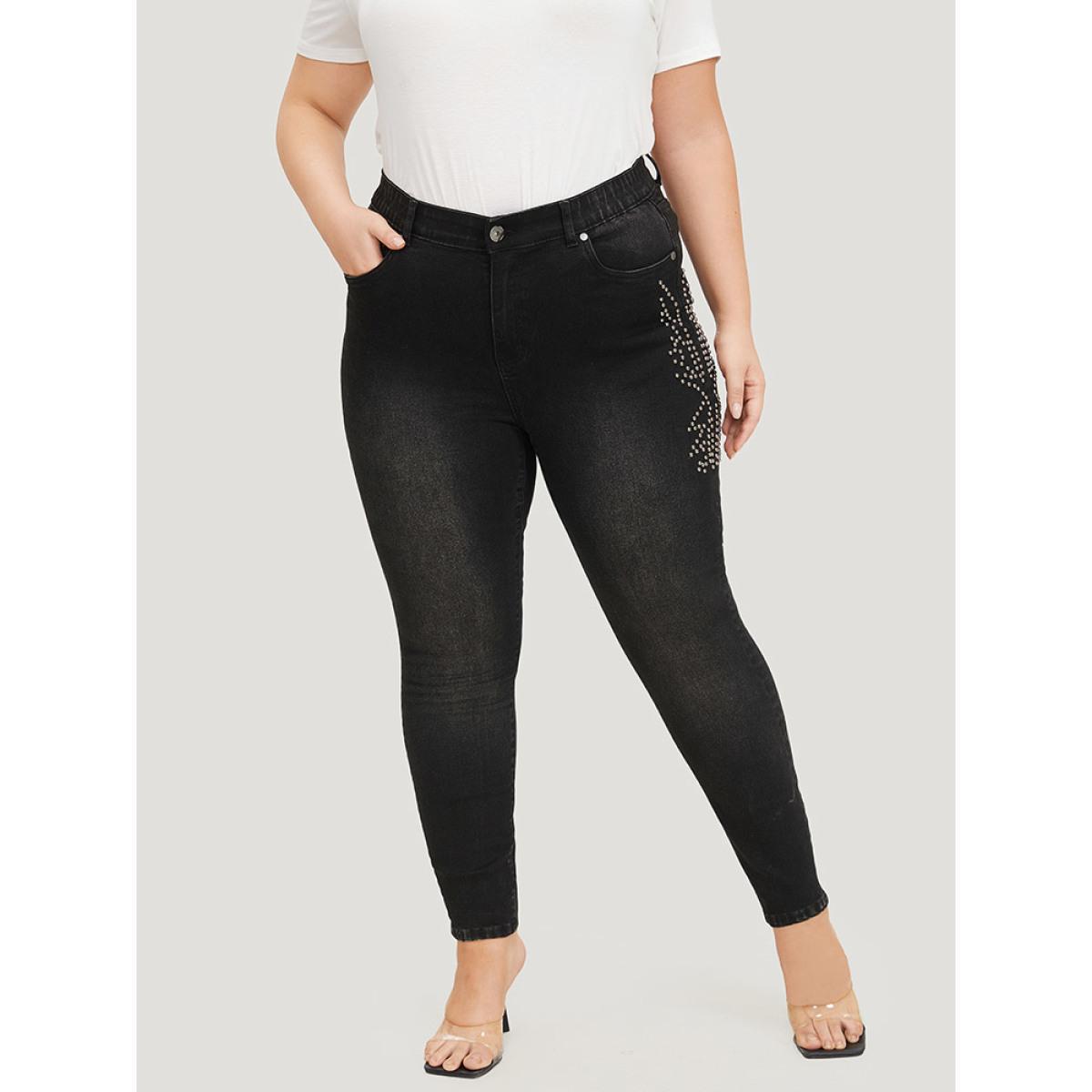 Plus Size Beaded Detail Pocket Very Stretchy Black Wash Jeans Women Black Casual Plain Beaded High stretch Pocket Jeans BloomChic 30/6X Product Image
