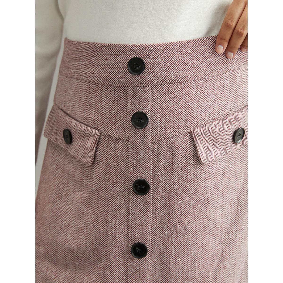 Plus Size Textured Button Detail Cropped Skirt Women Maroon Office Texture No stretch Pocket Work Skirts BloomChic 28/5X Product Image