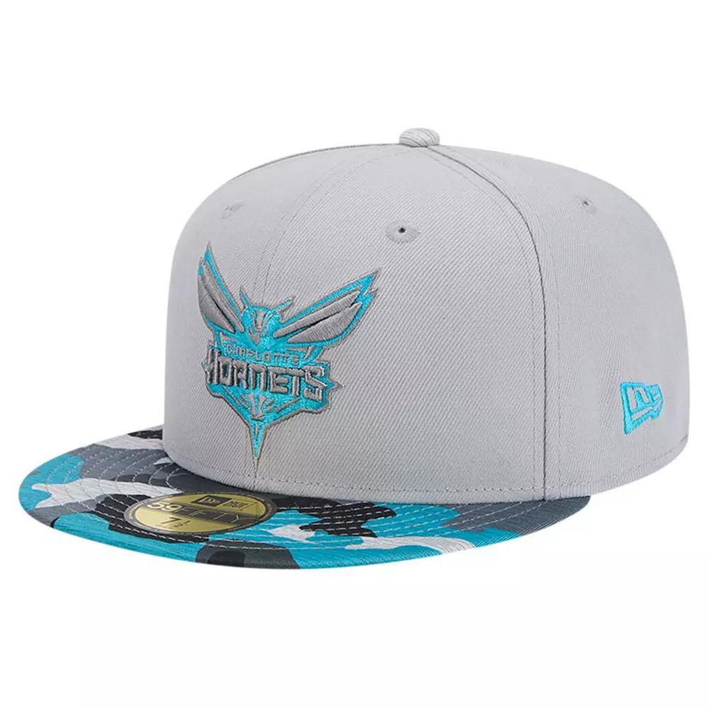Men's New Era Gray Charlotte Hornets Active Color Camo Visor 59FIFTY Fitted Hat, Size: 7 3/8, Chr Grey Product Image
