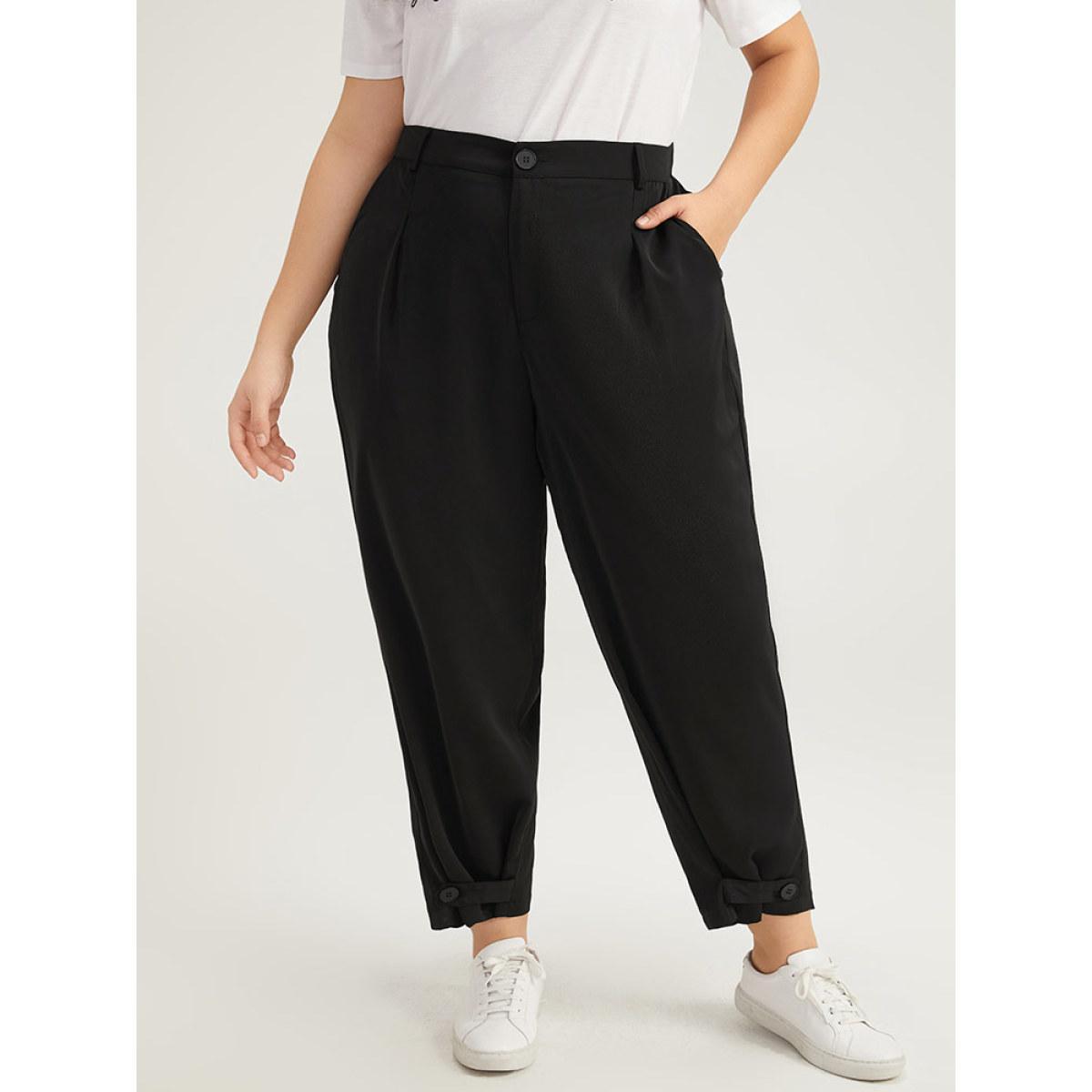 Plus Size Solid Pocket Button Up Straight Leg Pants Women Black Casual Straight Leg High Rise Dailywear Pants BloomChic 22-24/3X Product Image