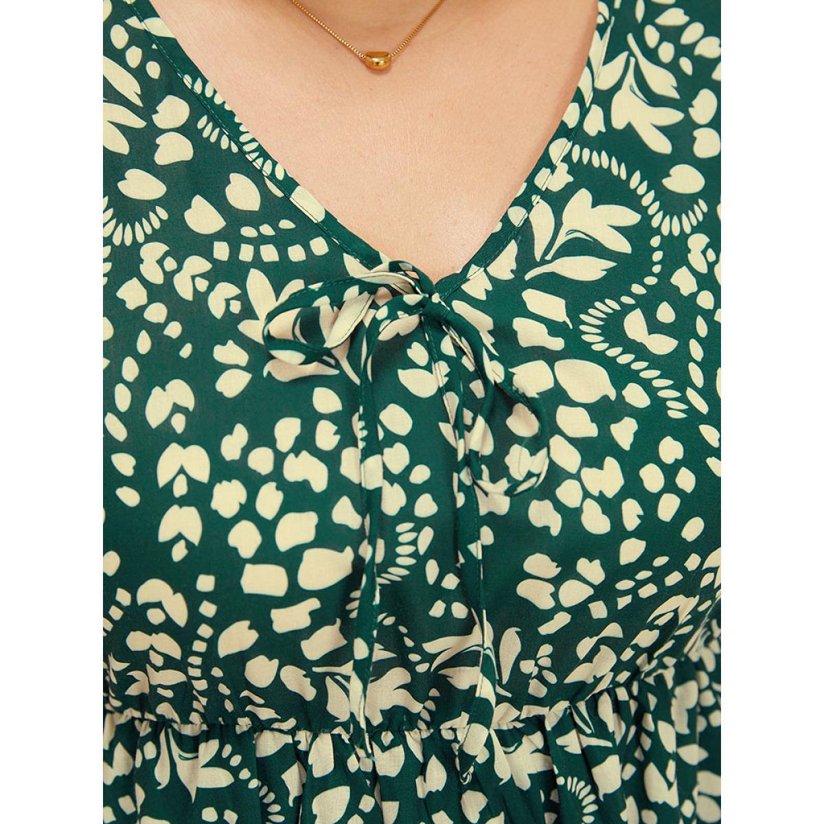 Plus Size Plant & Geometric Batwing Sleeve Pocket Flutter Knot Neck Dress DarkGreen Women Elegant Knotted V-neck Short sleeve Curvy Midi Dress BloomChic 12/L Product Image