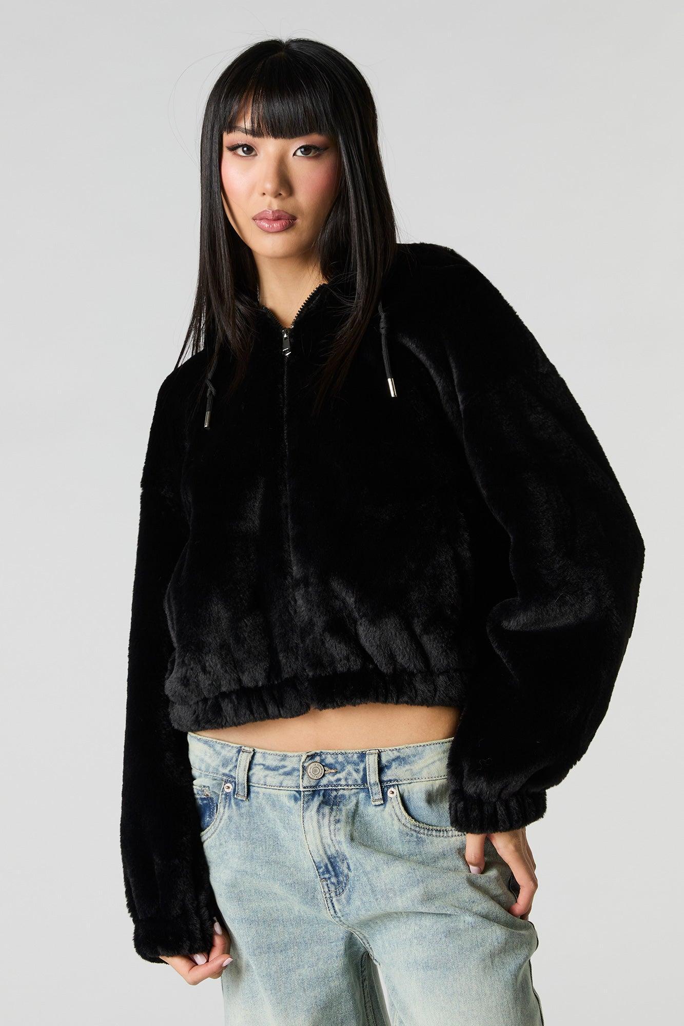 Faux Fur Hooded Zip-Up Jacket Female Product Image