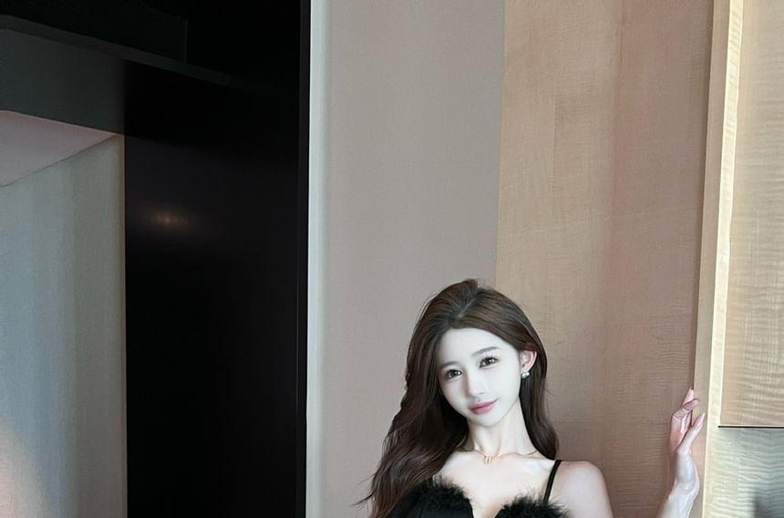 Spaghetti Strap V-Neck Plain Ruched Fluffy Trim Mini Sheath Dress Product Image
