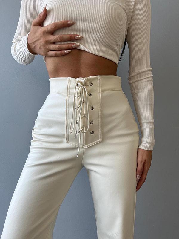 Flared Pants Bandage Solid Color Pants Trousers Product Image