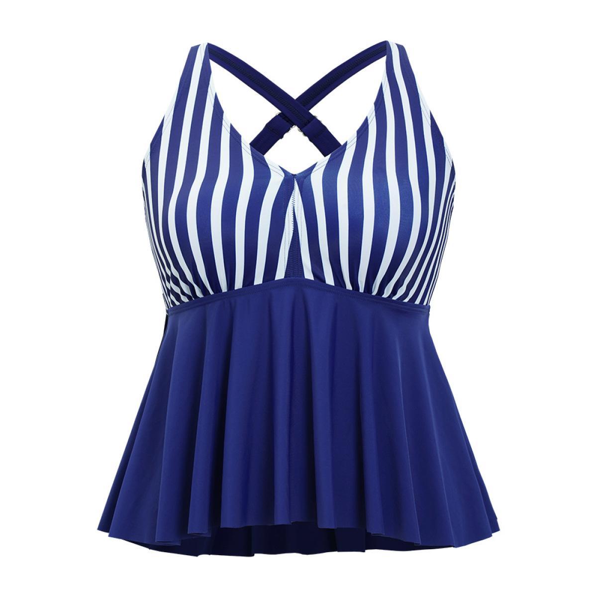 Plus Size Striped Contrast Crossover Ruffle Hem Tankini Top Women's Swimwear Navy Vacation Adjustable Straps High stretch Bodycon V-neck Curve Swim Tops BloomChic 18-20/2X Product Image