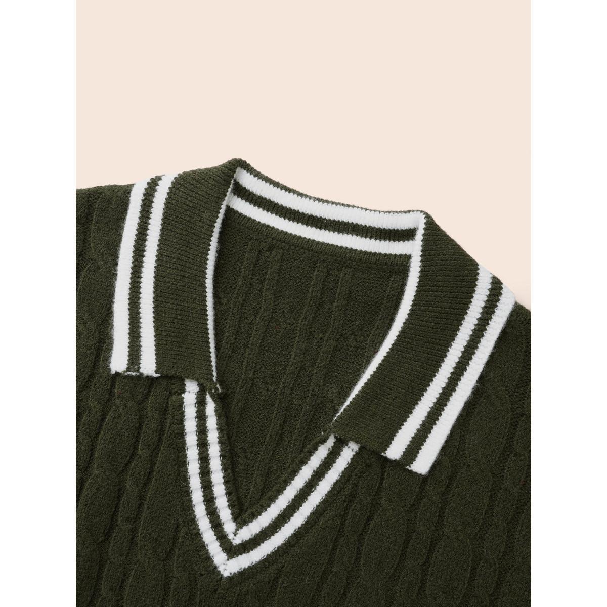 Plus Size Contrast Trim Split Hem Pullover ArmyGreen Women Casual Long Sleeve Lapel Collar Everyday Pullovers BloomChic 30/6X Product Image