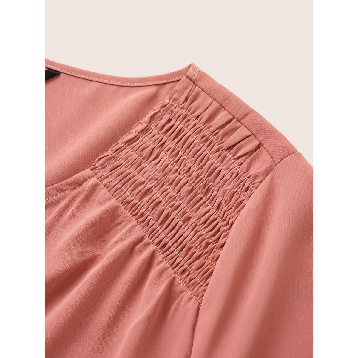 Plus Size Salmon V Neck Solid Shirred Tab Sleeve Blouse Women Work From Home Elbow-length sleeve V-neck Work Blouses BloomChic 30/6X Product Image