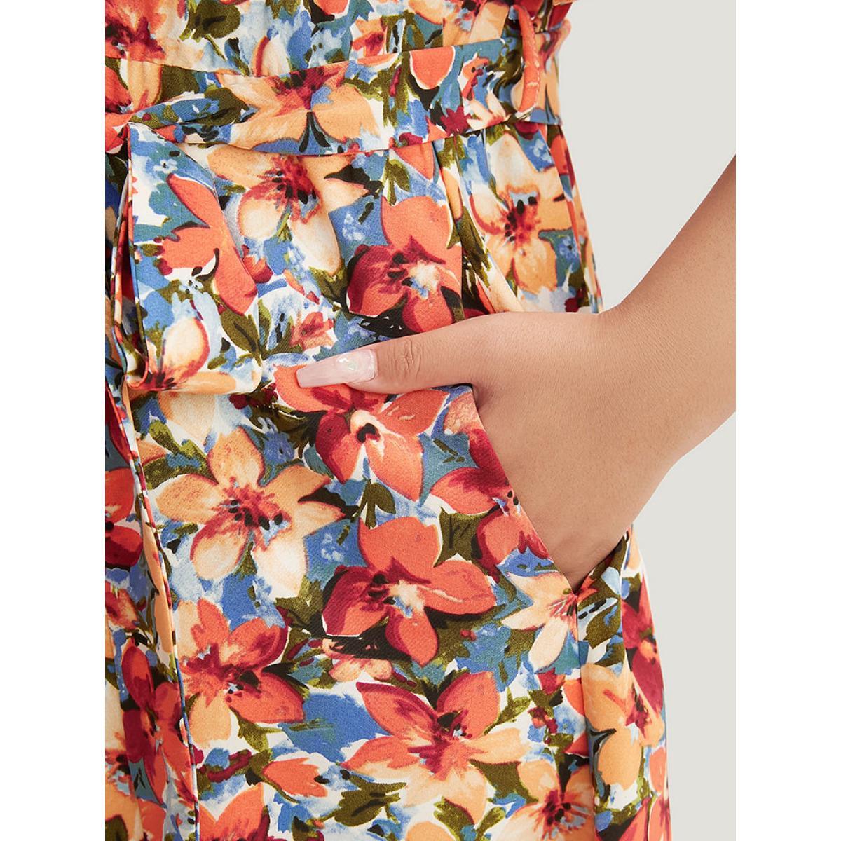 Plus Size Floral Printed Ruffle Sleeve Pocket Surplice Neck Flutter Dress Multicolor Women Elegant Cross straps V-neck Short sleeve Curvy Midi Dress BloomChic 14-16/1X Product Image