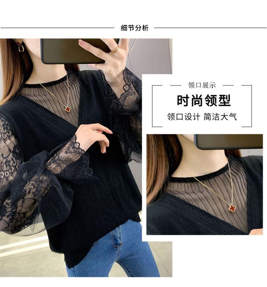 Long-Sleeve Round Neck Lace Panel Knit Top Product Image